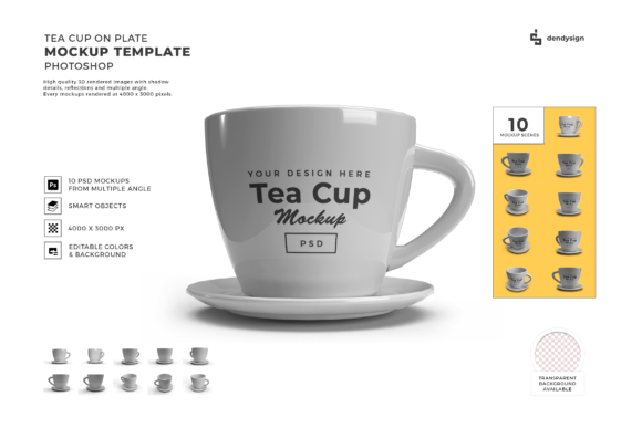 Tea Cup on Plate 3D Mockup Set Bundle